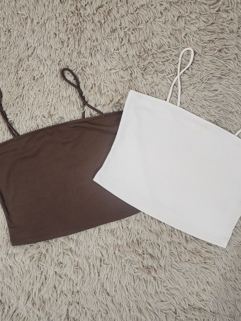 Spaghetti Strap Ribbed Crop Top- Brown and White, Large